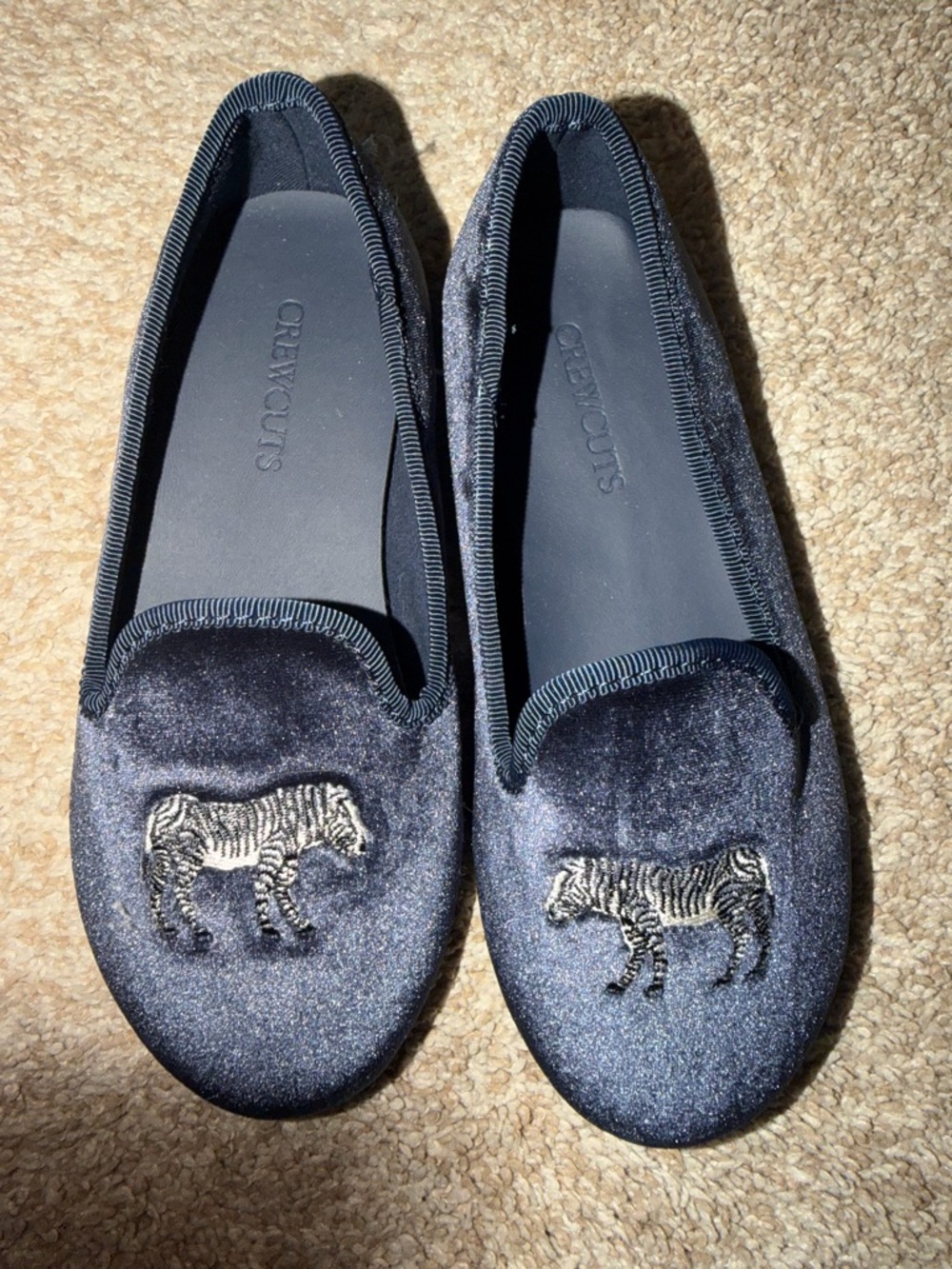 Crewcuts Navy Velvet Moccasins with Embroidered Zebras